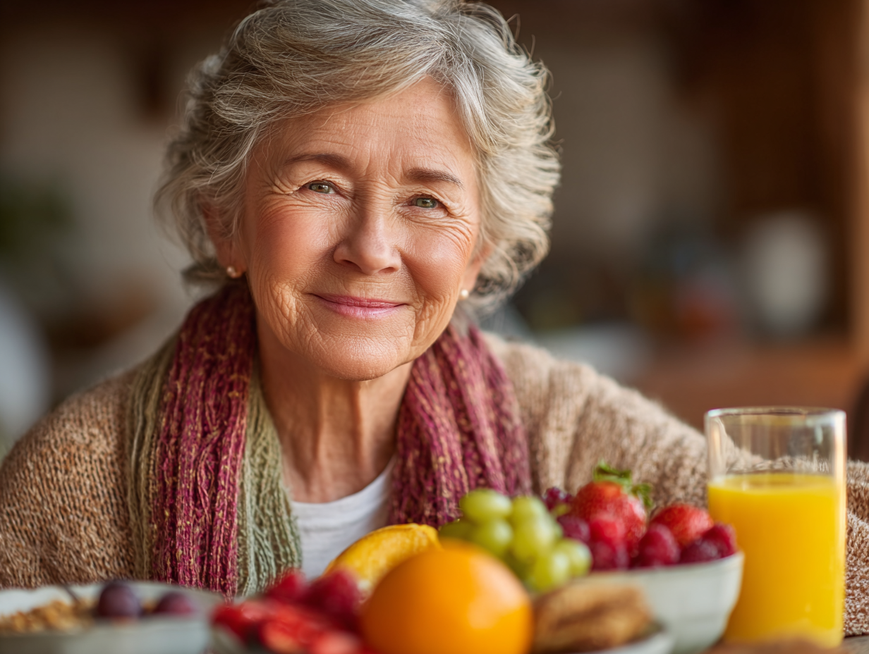 Persoane seniori savurând o masă sănătoasă împreună